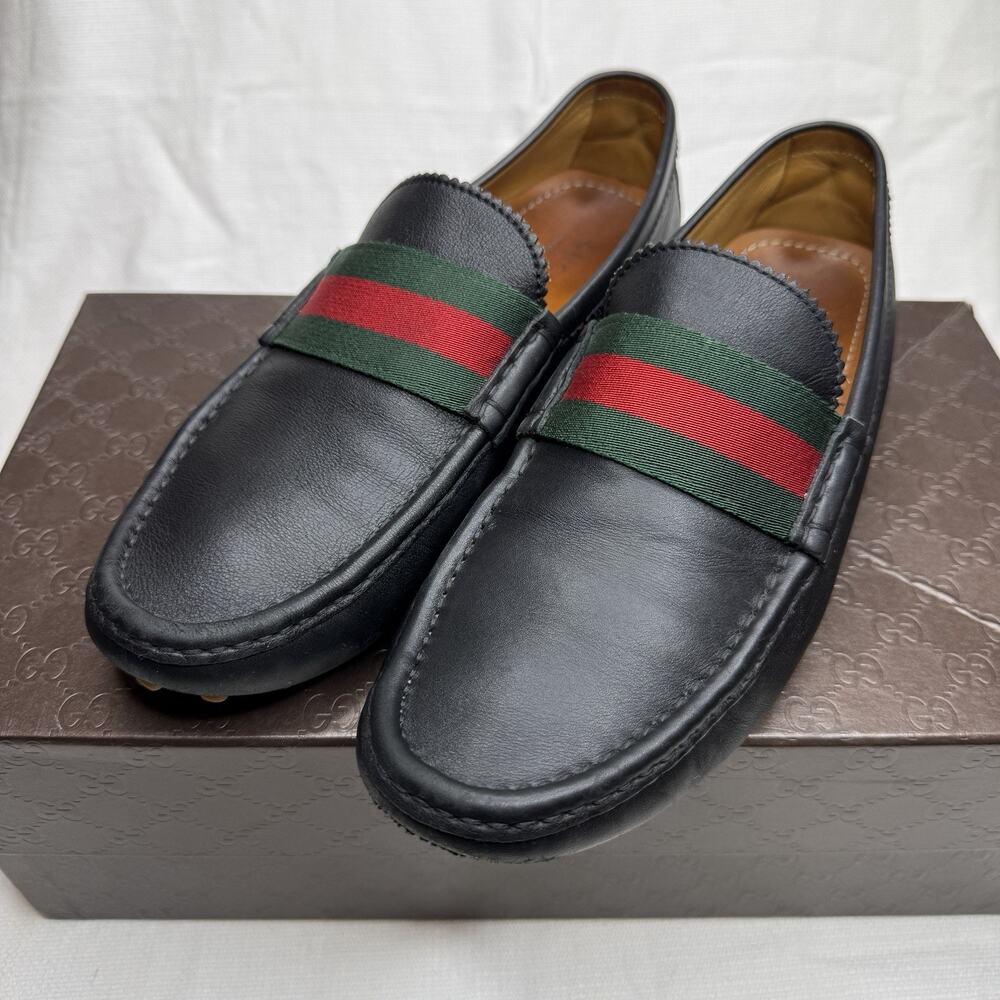 Men's GUCCI 'Miro' Web Black Leather Loafers Size US 8 - G GUCCI Driving